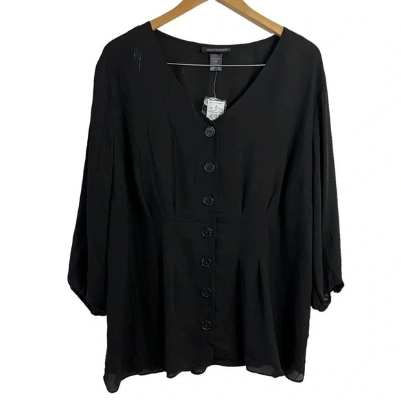 Ashley Stewart NEW Black Button Up Blouse 18W 20W Sheer 3/4 Balloon Sleeves Top - Picture 1 of 7